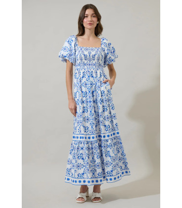Vestido Blanco Estampado Azul