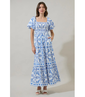 Vestido Blanco Estampado Azul