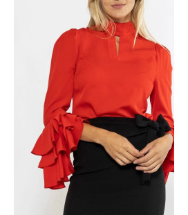 Red blouse with ruffled sleeves