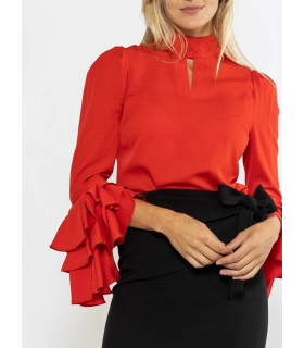 Red blouse with ruffled sleeves