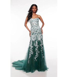 Vestido Largo Verde Hojas Bordadas Blancas