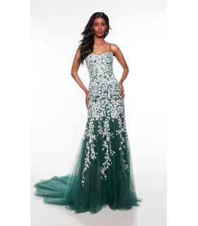 Vestido Largo Verde Hojas Bordadas Blancas