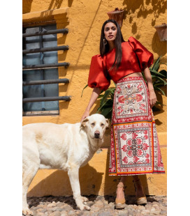 TRAJE 2 PIEZAS LINO ESTAMPADO BLUSA ROJA