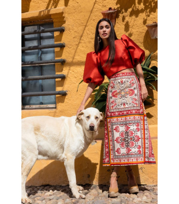 TRAJE 2 PIEZAS LINO ESTAMPADO BLUSA ROJA