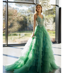 Vestido Largo Verde Tul  de Tiempos