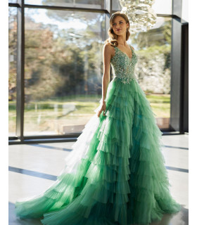 Vestido Largo Verde Tul  de Tiempos