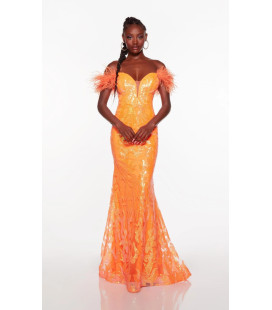 Vestido Largo Naranja de Lentejuela Plumas en los Tirantes
