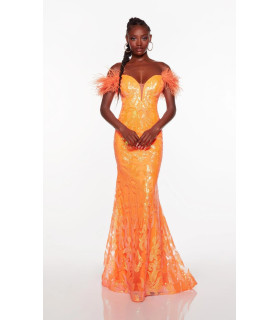 Vestido Largo Naranja de Lentejuela Plumas en los Tirantes