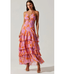 Vestido Rosado  con Franjas Naranja