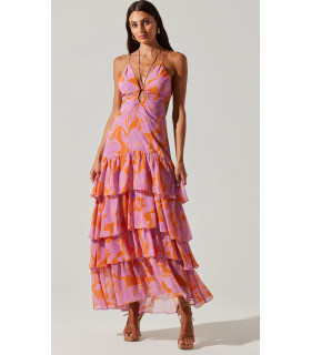 Vestido Rosado  con Franjas Naranja