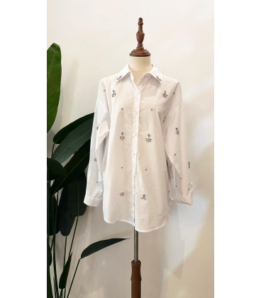Blusa Manga Larga Blanca Con Piedras