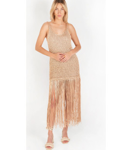 Vestido Tejido Crochet Dorado y Fleco