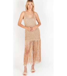 Vestido Tejido Crochet Dorado y Fleco