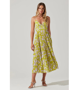 Vestido Medio Largo Verde Limon Plizado