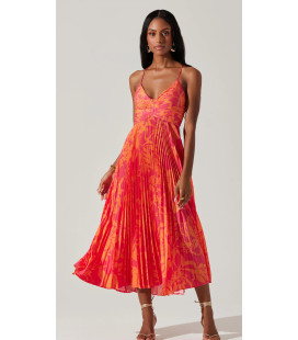 Vestido Medio Largo Naranja /Fucsia Falda Plizada