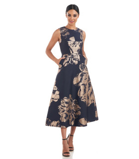 Vestido Fondo Azul Flores Bronce