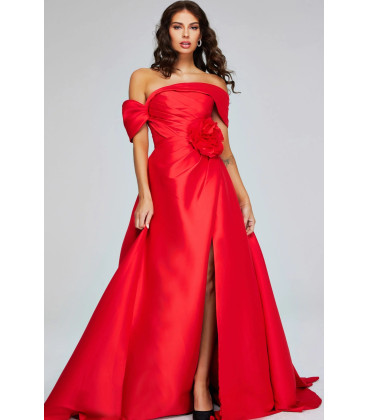 Vestido Strapless Rojo con Flor en Cintura