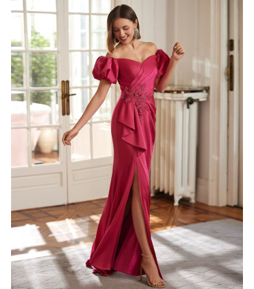 Vestido Color Fucsia Mangas Bombachas