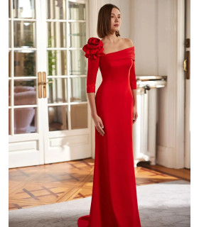Vestido Rojo Flor en un Hombros mangas 3/4