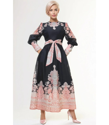 Vestido manga larga Negro/Flores Rosadas