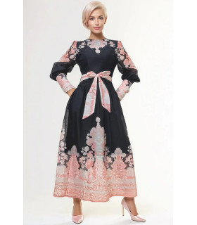 Vestido manga larga Negro/Flores Rosadas