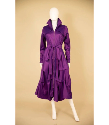 Vestido Medio Largo Morado Recogido en la Parte de la Falda
