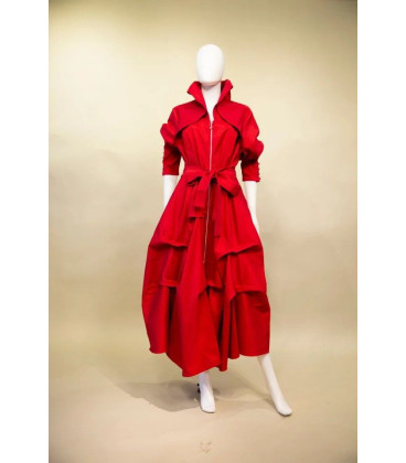 Vestido Medio Largo Rojo Falda Recogida