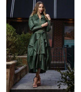 Vestido Medio Largo Verde Manga Larga Botones Puño