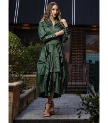 Vestido Medio Largo Verde Manga Larga Botones Puño