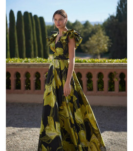 Vestido Largo Amarillo /Negro Mangas Revuelos