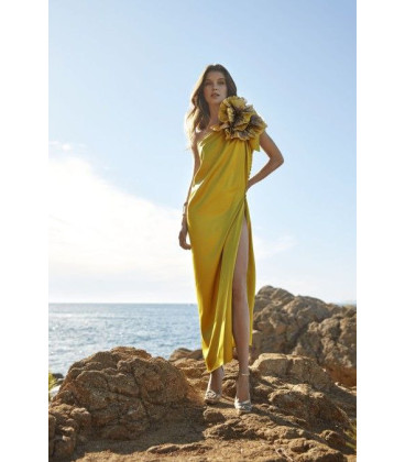 Vestido Un Hombro Verde Pistacho con Flor