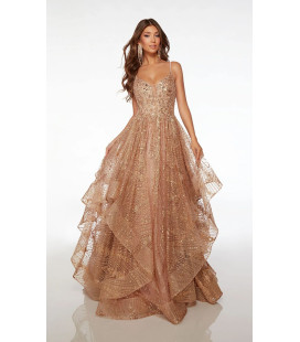 Vestido Oro Falda Vuelos Bordado Brillantes