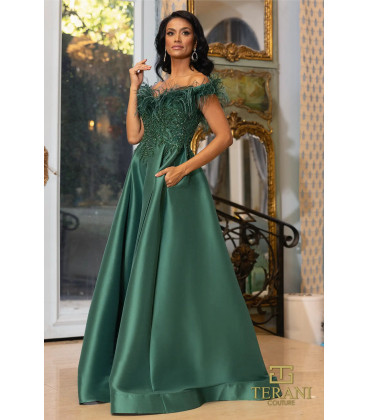 Vestido Verde Bustier de Piedra Plumas Alrededor de la Blusa