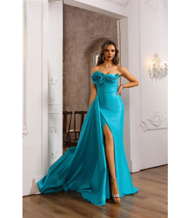 Vestido Largo Turquesa Strapless Flor al Lado del Busto