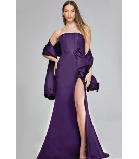 Vestido Strapless Morado Con Flor en la Cintura