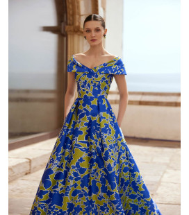 Vestido Azul Con Verde Hombros Caidos