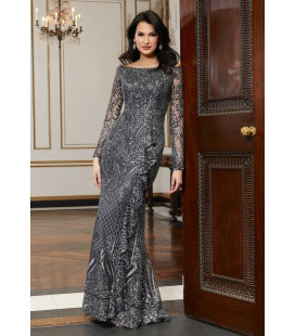 Vestido Manga Larga Bordado Color Plata
