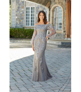 Vestido de Encaje Manga Larga de Tul Plata