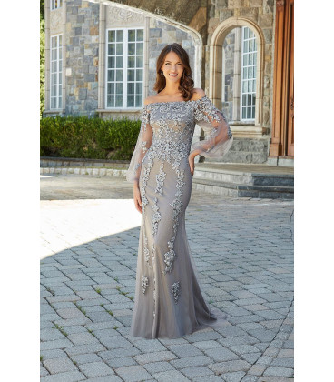 Vestido de Encaje Manga Larga de Tul Plata