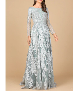 Vestido Manga Larga Celeste Corte en A Bordado