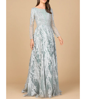 Vestido Manga Larga Celeste Corte en A Bordado