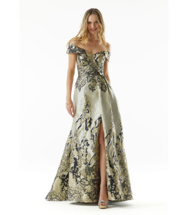 Vestido Off Sholders Fondo Dorado Flores Negras