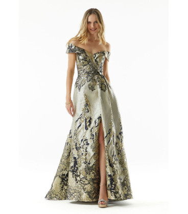 Vestido Off Sholders Fondo Dorado Flores Negras