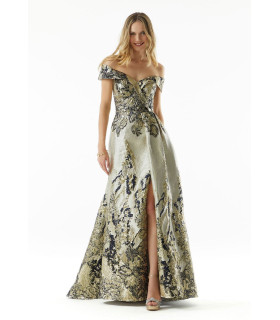 Vestido Off Sholders Fondo Dorado Flores Negras