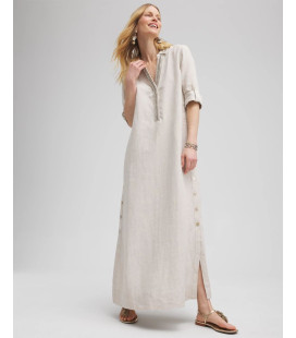 Vestido camisero largo con adornos de lino