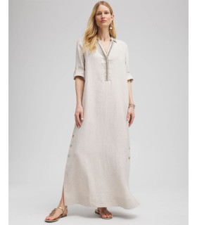Vestido camisero largo con adornos de lino