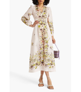 Floral-print linen midi dress