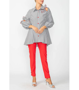 Striped blouse with red pants