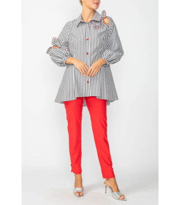 Striped blouse with red pants