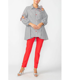 Striped blouse with red pants